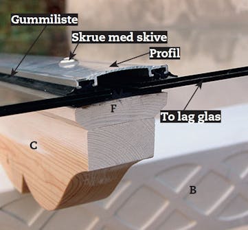 Glastag: Profil, gummilister og skruer med skiver sørger for en tæt overgang mellem glassene. Glastag: Profil, gummilister og skruer med skiver sørger for en tæt overgang mellem glassene.